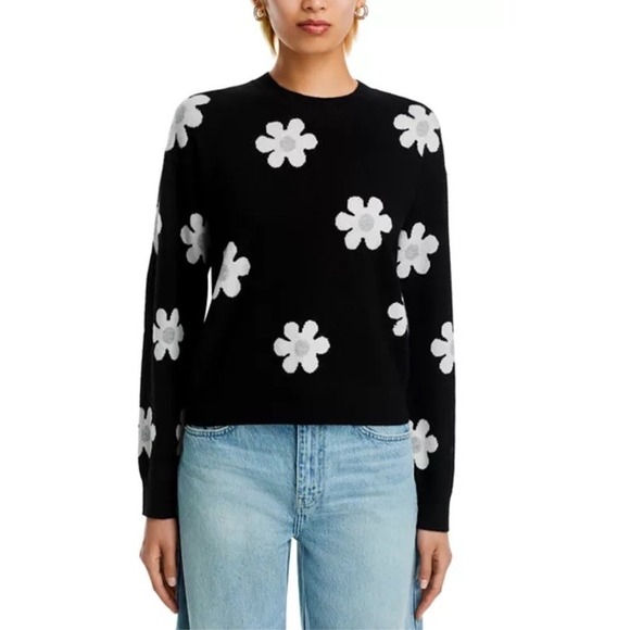 Aqua Cashmere Crew Neck Intarsia Flower Long Sleeves Sweater Ivory Black Size XS - Picture 1 of 13